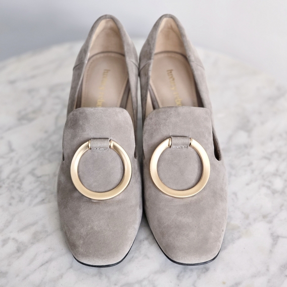 LUXURY REBEL 2.5 Inch Heeled Gray Suede Loafers with Gold Accent Size US 5.5 EUC - Picture 3 of 12